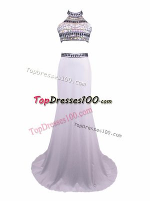 White Sleeveless Beading Zipper Prom Dresses
