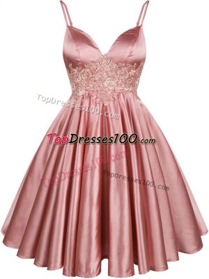 Knee Length Pink Quinceanera Dama Dress Spaghetti Straps Sleeveless Lace Up