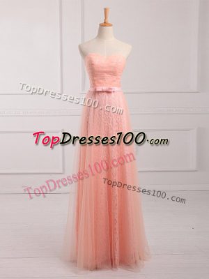 Peach Sleeveless Floor Length Belt Lace Up Bridesmaid Dresses