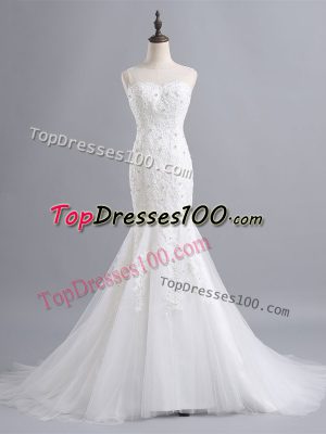 Simple White Tulle Zipper Wedding Gowns Sleeveless Brush Train Lace