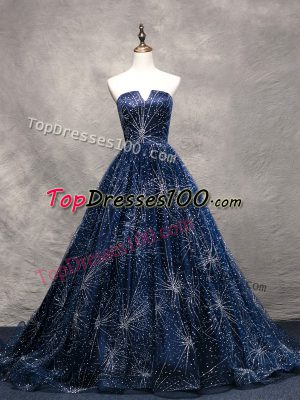 Best Selling Navy Blue Tulle Lace Up V-neck Sleeveless Dress for Prom Brush Train Beading