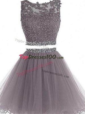 Chic Grey Zipper Scoop Beading and Lace and Appliques Evening Dress Tulle Sleeveless