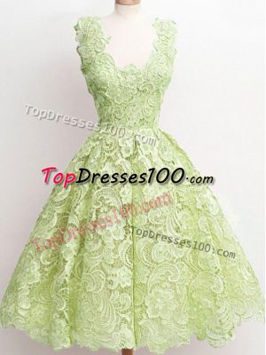 Yellow Green Lace Zipper Wedding Party Dress Sleeveless Knee Length Lace