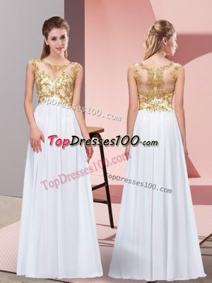 White Chiffon Zipper Prom Evening Gown Sleeveless Floor Length Appliques
