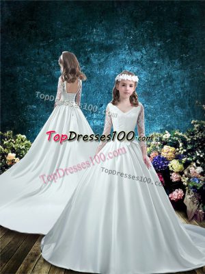 Sumptuous White Lace Up Flower Girl Dress Lace and Bowknot 3 4 Length Sleeve Court Train