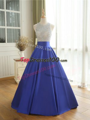 Sleeveless Floor Length Beading Backless Dress for Prom with Blue