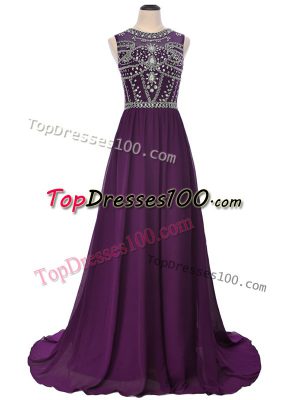Short Sleeves Beading Side Zipper Prom Gown with Purple Brush Train