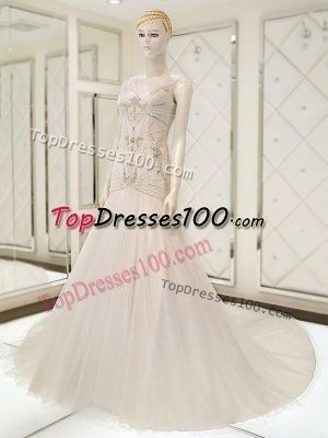 V-neck Sleeveless Court Train Side Zipper Wedding Gown White Tulle