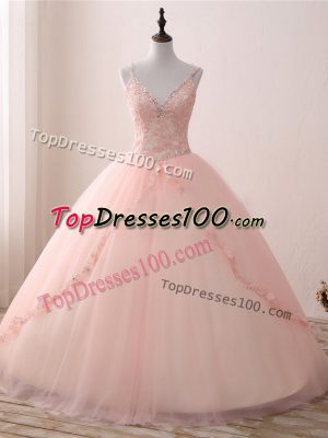 Pink Lace Up V-neck Beading and Appliques Quinceanera Dresses Tulle Sleeveless