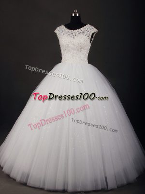 Customized Ball Gowns Wedding Dresses White Scoop Tulle Sleeveless Floor Length Zipper
