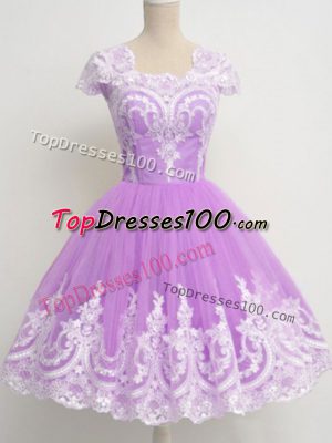 A-line Bridesmaid Dress Lavender Square Tulle 3 4 Length Sleeve Knee Length Zipper