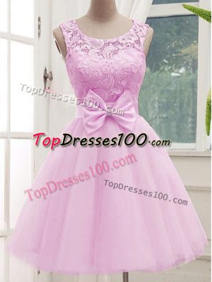 Pretty Lilac Tulle Lace Up Wedding Party Dress Sleeveless Knee Length Lace and Bowknot