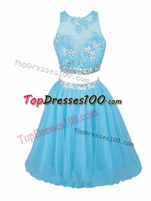 Aqua Blue Scoop Neckline Beading Dress for Prom Sleeveless Side Zipper