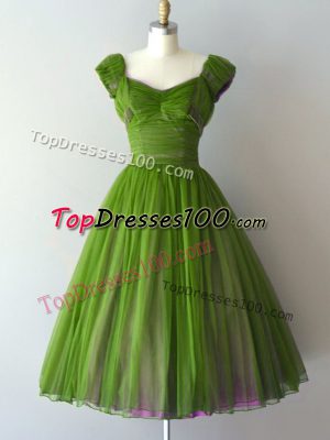 Green Chiffon Zipper Court Dresses for Sweet 16 Cap Sleeves Knee Length Ruching