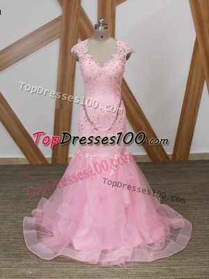 Beading and Lace and Appliques and Ruffles Evening Party Dresses Baby Pink Backless Cap Sleeves