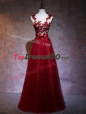 Wine Red A-line Appliques Evening Dress Backless Elastic Woven Satin Sleeveless Floor Length