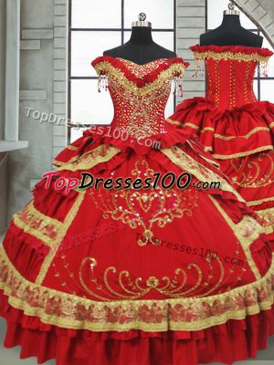 Fancy Red Zipper Off The Shoulder Beading and Embroidery and Ruffled Layers Vestidos de Quinceanera Satin and Taffeta Cap Sleeves