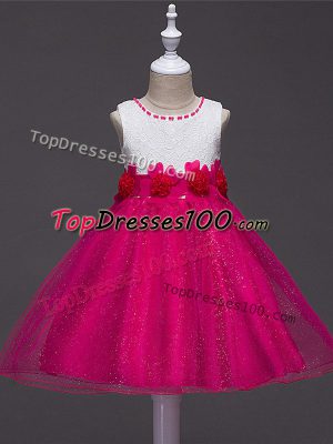 Hot Pink Tulle Zipper Scoop Sleeveless Knee Length Kids Pageant Dress Lace and Hand Made Flower