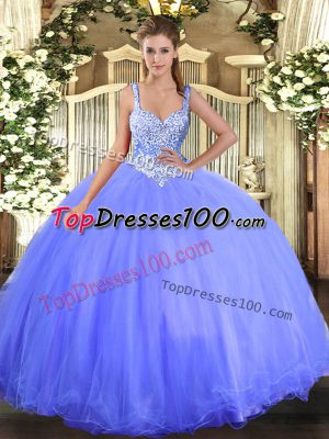 Blue Lace Up Sweet 16 Quinceanera Dress Beading Sleeveless Floor Length