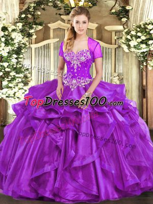 Delicate Purple Lace Up Sweetheart Beading and Ruffles 15 Quinceanera Dress Organza Sleeveless