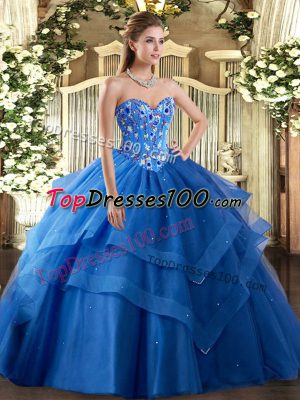 Popular Blue Ball Gowns Sweetheart Sleeveless Tulle Floor Length Lace Up Embroidery and Ruffled Layers Quince Ball Gowns