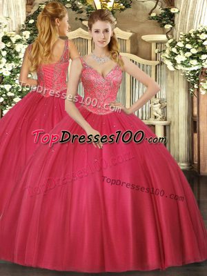 Sleeveless Floor Length Beading Lace Up Ball Gown Prom Dress with Red