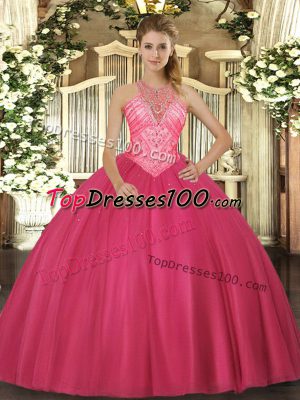Exceptional Floor Length Hot Pink Vestidos de Quinceanera High-neck Sleeveless Lace Up