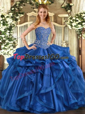 Best Blue Lace Up Sweetheart Beading and Ruffles Quince Ball Gowns Organza Sleeveless