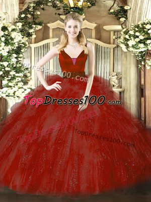 Fashionable Wine Red Ball Gowns Straps Sleeveless Tulle Floor Length Zipper Beading and Ruffles Ball Gown Prom Dress