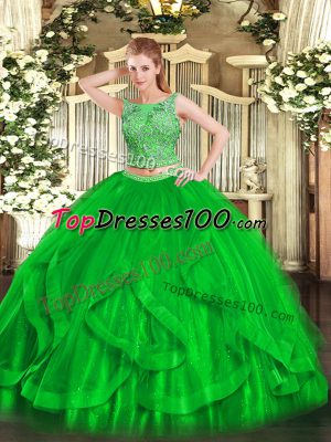 Green Two Pieces Beading and Ruffles Quince Ball Gowns Lace Up Organza Sleeveless Floor Length