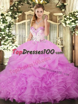 Lilac Quinceanera Dress Military Ball and Sweet 16 and Quinceanera with Beading and Ruffles and Pick Ups Sweetheart Sleeveless Lace Up