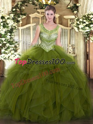 Olive Green Tulle Lace Up Quinceanera Gown Sleeveless Floor Length Beading and Ruffles