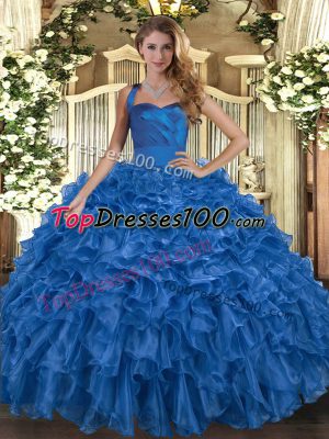 Blue Ball Gowns Halter Top Sleeveless Organza Floor Length Lace Up Ruffles 15 Quinceanera Dress