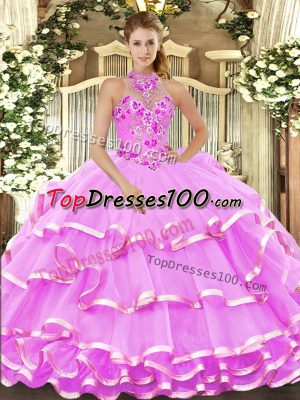Classical Sleeveless Organza Floor Length Lace Up 15th Birthday Dress in Lilac with Beading and Embroidery