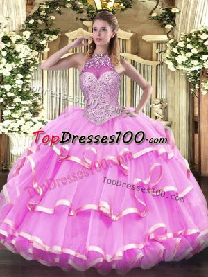 Rose Pink Ball Gowns Beading and Ruffled Layers Quinceanera Gown Lace Up Organza Sleeveless Floor Length