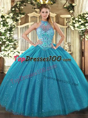 Halter Top Sleeveless Tulle Quinceanera Gowns Beading and Embroidery Lace Up