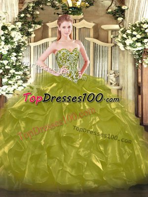 Excellent Olive Green Quinceanera Dress Military Ball and Sweet 16 and Quinceanera with Beading and Ruffles Sweetheart Sleeveless Lace Up