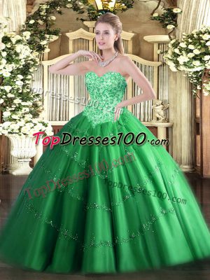 Extravagant Green Ball Gowns Tulle Sweetheart Sleeveless Appliques Floor Length Lace Up Sweet 16 Dress