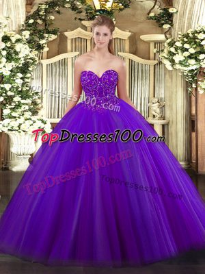 Purple Ball Gowns Sweetheart Sleeveless Tulle Floor Length Lace Up Beading Quinceanera Dress