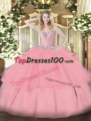 Baby Pink Sleeveless Beading and Ruffled Layers Floor Length 15 Quinceanera Dress