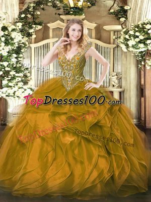 Brown Organza Lace Up V-neck Sleeveless Floor Length Quince Ball Gowns Beading and Ruffles