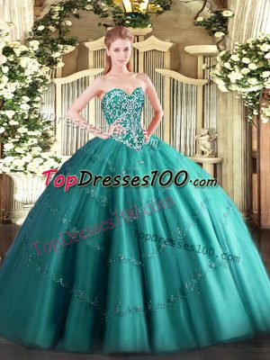 Sumptuous Teal Quinceanera Gowns Military Ball and Sweet 16 and Quinceanera with Beading and Appliques Sweetheart Sleeveless Lace Up
