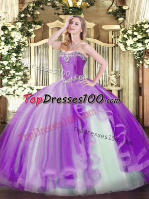 Fashionable Sleeveless Lace Up Floor Length Beading and Ruffles Quince Ball Gowns
