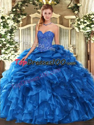 Inexpensive Floor Length Blue 15 Quinceanera Dress Sweetheart Sleeveless Lace Up