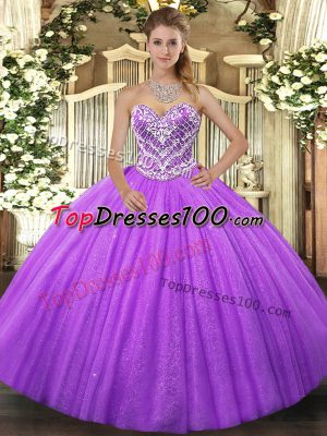 Free and Easy Lavender Tulle Lace Up Sweetheart Sleeveless Floor Length Sweet 16 Dresses Beading
