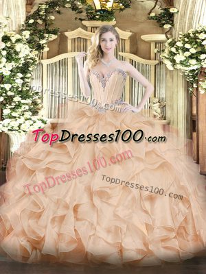 Sleeveless Floor Length Beading and Ruffles Lace Up Sweet 16 Dresses with Peach