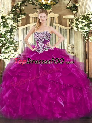 Sleeveless Organza Floor Length Lace Up 15th Birthday Dress in Fuchsia with Beading and Ruffles