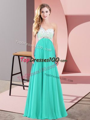 Turquoise Chiffon Criss Cross Prom Party Dress Sleeveless Floor Length Beading