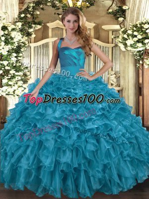 Floor Length Ball Gowns Sleeveless Teal Quince Ball Gowns Lace Up