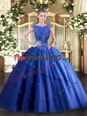 Sleeveless Tulle Floor Length Zipper Quinceanera Gowns in Blue with Beading and Appliques
